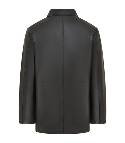 Men's Black Leather Long Collared Car Coat Jacket - Berry