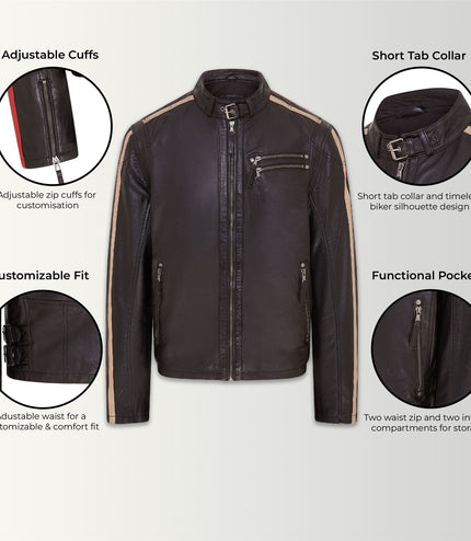Mens Black Cafe Racer Striped Leather Jacket Vintage Biker Motorcycle Jacket