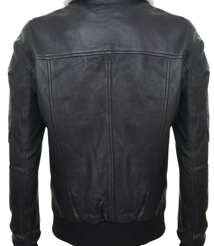 Black Leather Air Force Bomber Jacket with Detachable Collar - Valletta