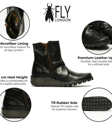 Fly London Womens Black MON944 Leather Wedge Heel Ankle Zip Up Chelsea Boots