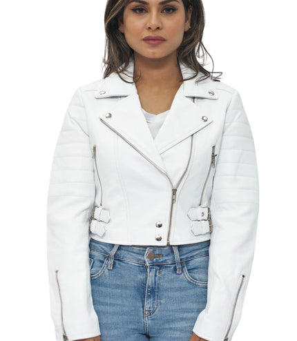 Womens Cropped Brando Leather Biker Jacket-Damascus - White
