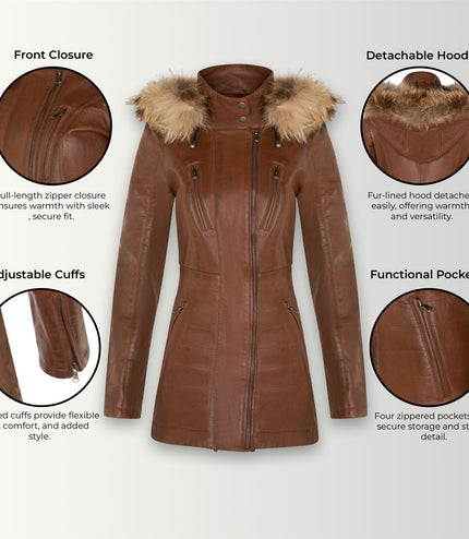Womens Slim Fit Leather Hooded Parka Jacket-Northam - Tan