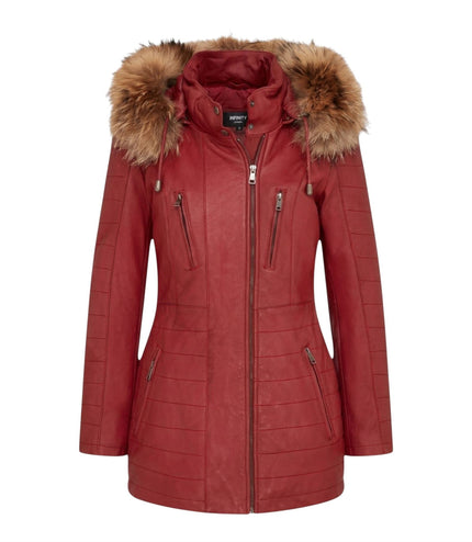 Womens Red Slim Fit Leather Hooded Parka Jacket-Northam