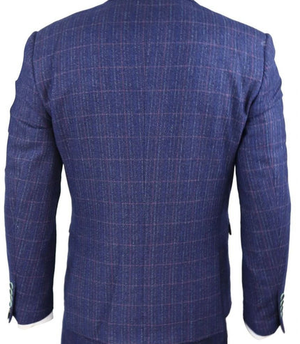 Mens 3 Piece Blue Herringbone Check Vintage Classic Suit