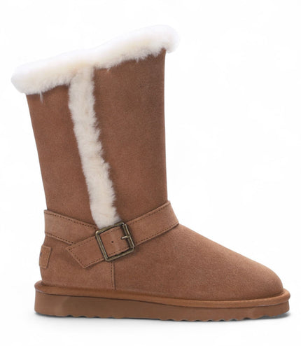 Women's Genuine Sheepskin Tan Brown Suede Calf Winter Warm Boots - Redwood