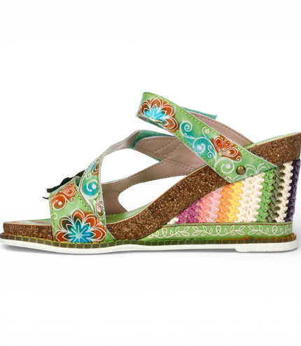 Laura Vita Women's Balade 32 Rose Pink Floral Leather Wedge Espadrille Sandals - Green
