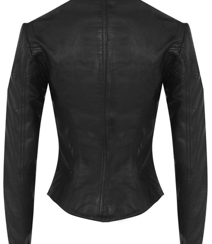 Womens Slim-Fit Leather Biker Jacket-Maldon - Black