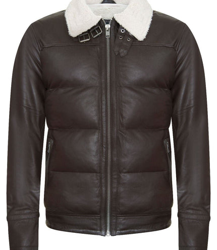 Men's Leather Quilted Biker Puffer Jacket - BrasÃ­lia - Brown