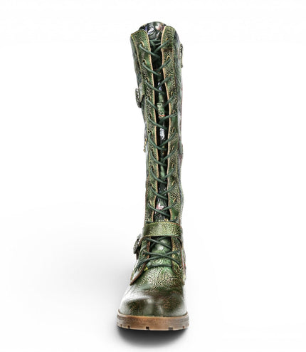 Laura Vita Women's Victorian Floral Green Leather High Lace-Up Long Boots - Cocrailo-82