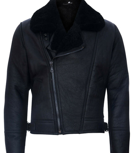 Mens Sheepskin Leather WW2 Bomber Jacket-Tucson - Black