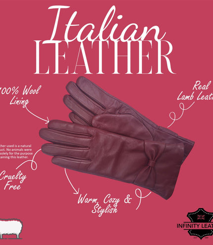 Womens Burgundy Red Italian Leather Winter Bow Design Soft Wool Lining Gloves - L-GLV-401