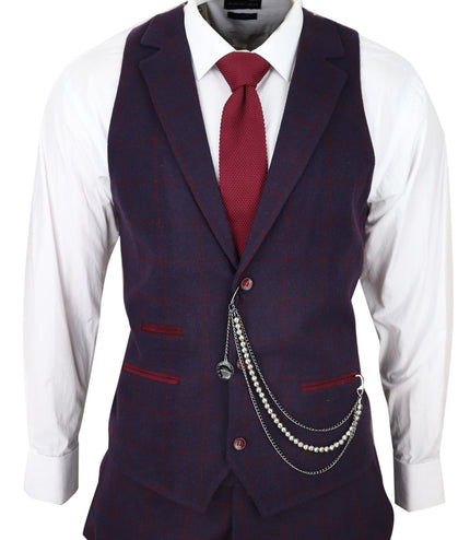 Mens 3 Piece Tweed Suit Plum Purple Check Peaky Blinders Classic 1920 Gatsby