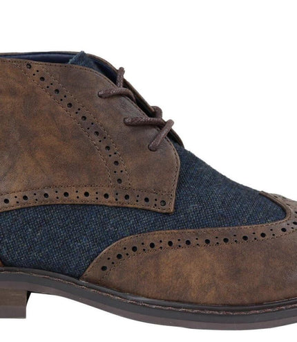 Mens Classic Tweed Oxford Brogue Ankle Boots In Brown Leather