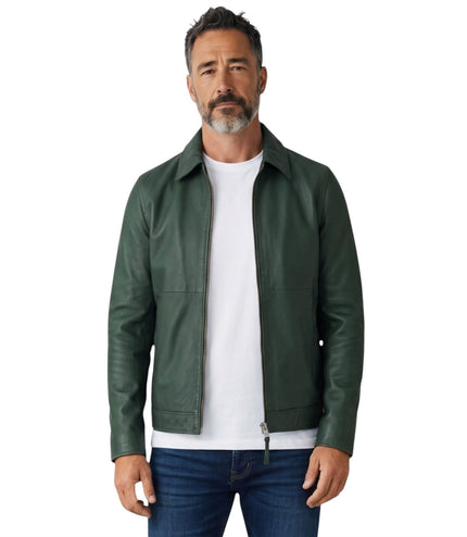 Mens Leather Green Harrington Collar Biker Jacket - Alpha