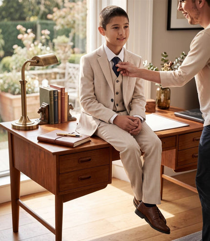 Boys Cream 3 Piece Check Formal Suit - Regent
