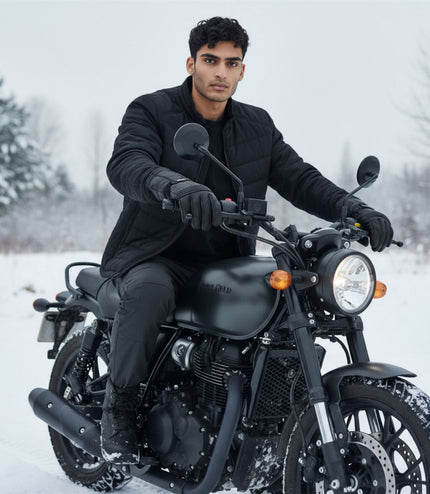 Men's Thermal Motorbike Black Leather Waterproof Biker Protection Gloves
