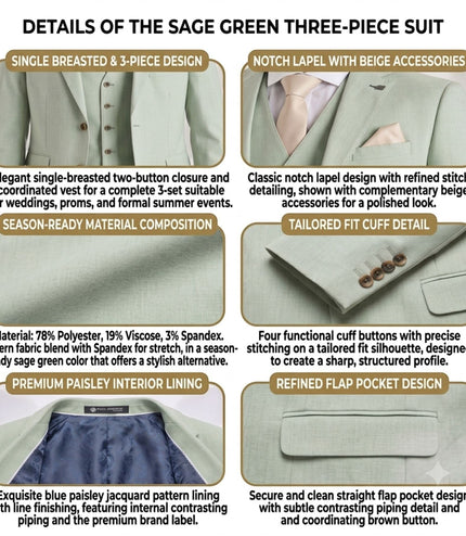 Men's Sage Green 3 Piece Tailored Fit Formal Suit - Belmont