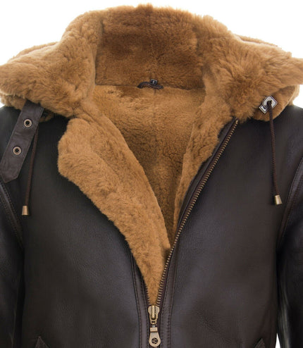 Mens Hooded Sheepskin Leather B3 Flying Jacket-Columbus - Brown Ginger