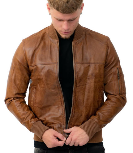 Mens Retro MA-1 Leather Bomber Jacket-Arlington