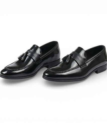 Mens Black Tassel High-Gloss Patent Faux Leather Formal Loafers Shoes