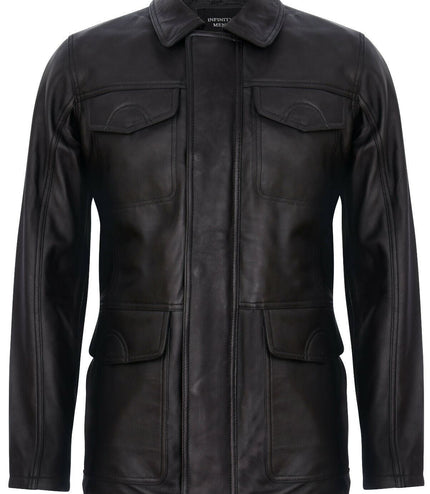 Mens Black Leather Safari Jacket-Porto