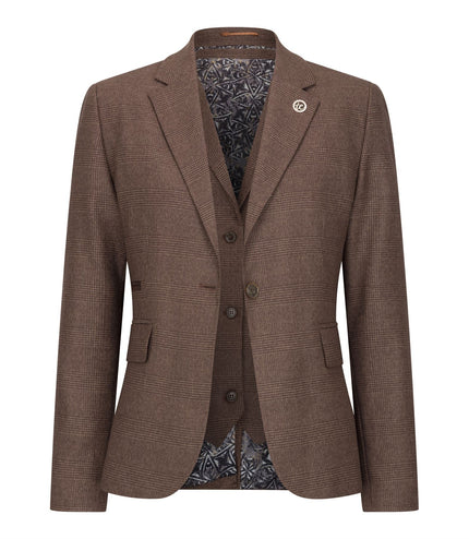Women's Brown Three-Piece Tailored Fit Suit in Prince of Wales Check