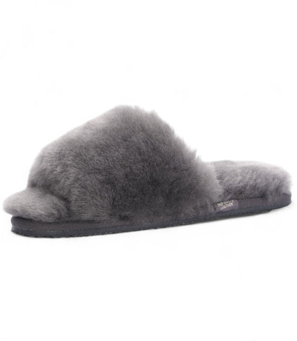 Women's Sheepskin Slippers Grey Warm Winter Fur Sliders - Nordic