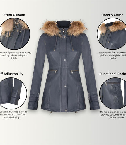 Womens Warm Leather Hooded Parka Jacket-Northwich - Navy