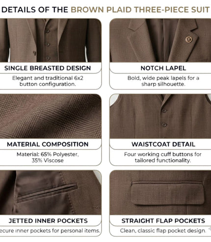 Women's Brown Three Piece Check Tailored Tweed Suit - TPW50