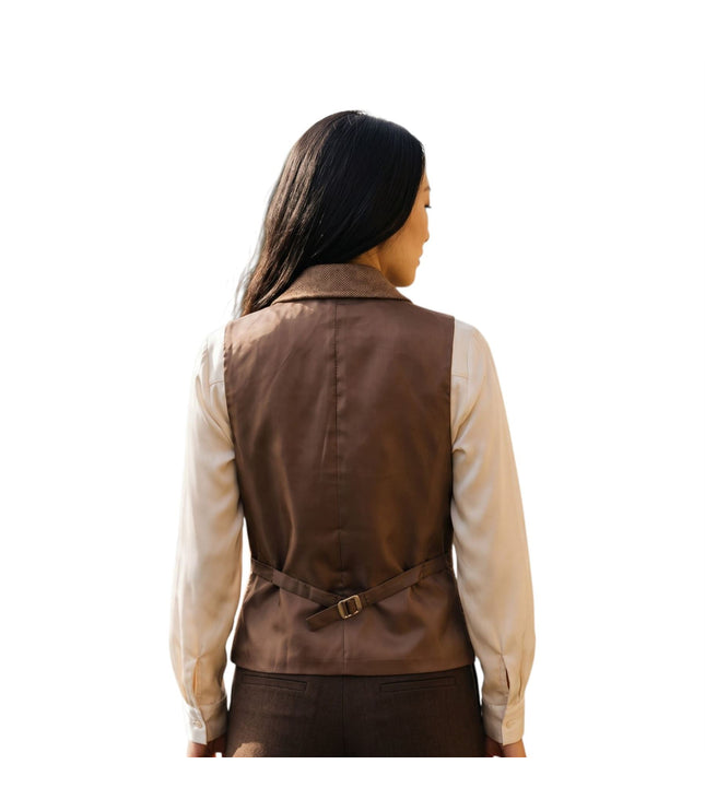 Women's Oak Brown Tailored Fit Tweed Waistcoat Formal Vest - TPSTZ-7