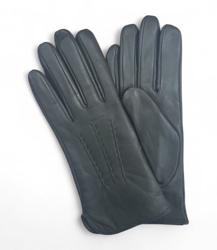 Womens Olive Green Italian Leather Winter Stitch Line Design Soft Wool Lining Gloves - L-GLV-301