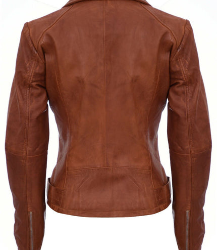 Womens Tan Leather Biker Jacket-Sacramento