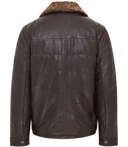 Men's Lamb Leather Puffer Bomber Warm Biker Jacket - Brown