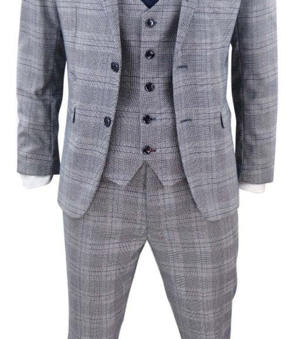 Mens 3 Piece Grey Birdseye Check Classic Suit