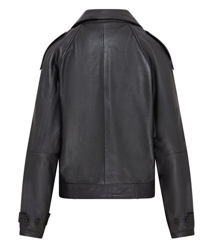 Womens Cropped Oversized Trench Leather Jacket - Canberra - Black