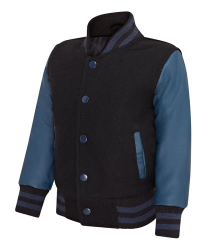 Kids Wool Varsity Black Bomber Jacket with Real Leather Sleeves