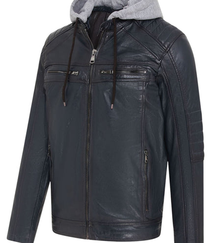 Men's Hooded Biker Lamb Leather Jacket - Burten - Navy