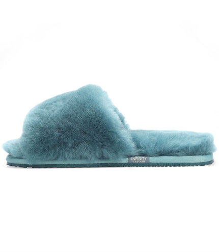 Women's Sheepskin Slippers Teal Warm Winter Fur Sliders - Nordic
