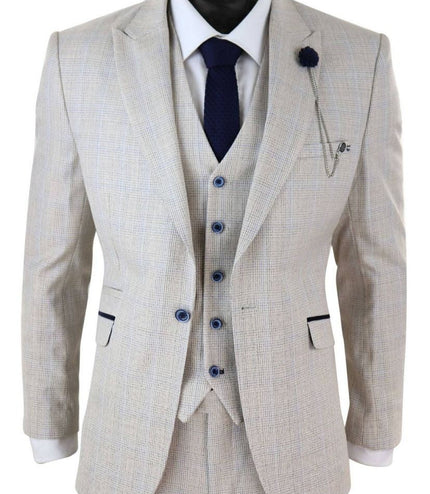 Mens 3 Piece Cream Check Tweed Herringbone Vintage Classic Suit