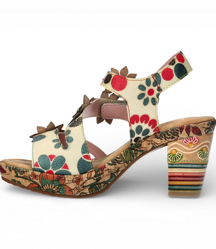 Laura Vita Women's Nellao 33 Beige Floral Leather Wedge Heel Espadrille Sandals