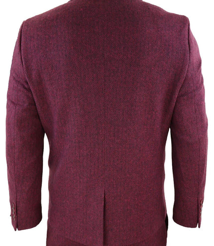 Mens 3 Piece Wine Herringbone Wool Tweed Retro Suit