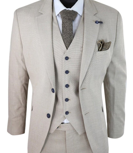 Mens 3 Piece Cream Linen Summer Spring Classic Suit