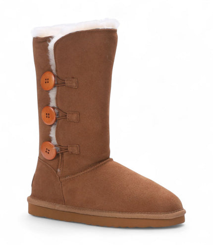 Women's Sheepskin Suede Tan Button Warm Winter Calf Boots - Willow