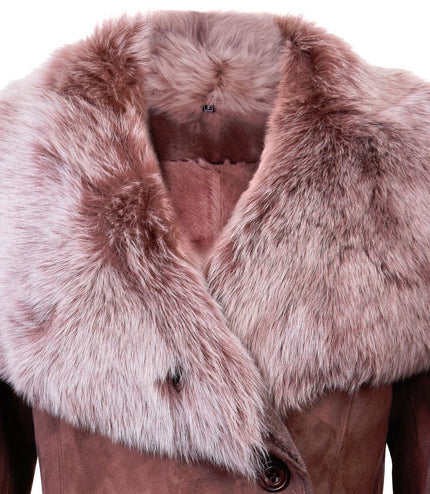 Womens Suede Merino Shearling Coat with Toscana Collar-Hanoi - Brown