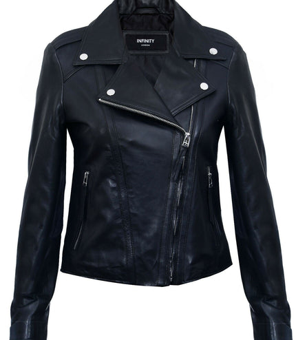 Womens Black Leather Biker Jacket-Tamale