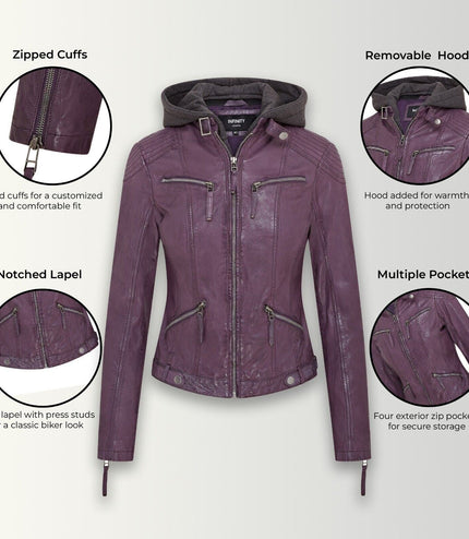 Womens Hooded Classic Biker Jacket - Brazzaville - Purple