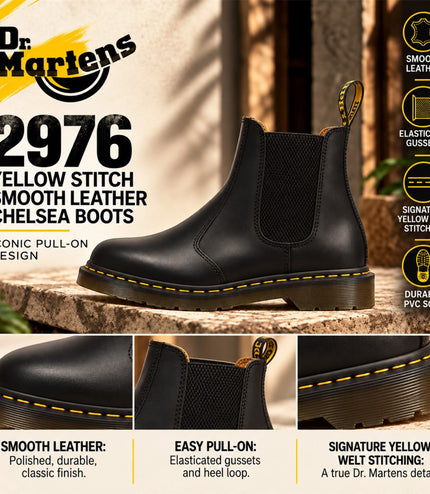 Dr Martens 2976 Yellow Stitch Black Leather Chelsea Boots - 22227001