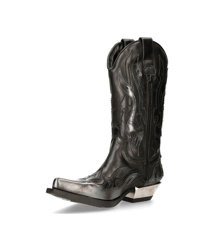New Rock Flame Accented Black/Silver Leather Biker Cowboy Boots- M-7921-S3