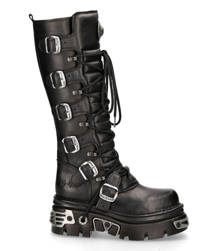 New Rock Knee High Black Leather Gothic Boots - 272-S1