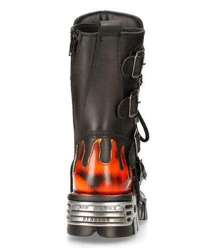 New Rock Flame Accented Black/Red Leather Biker Skull Boots - 107-S1
